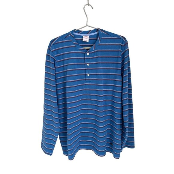 Brooks Brothers Cotton Henley Long Sleeve Blue with Red White Stripes Size Large - Picture 1 of 6